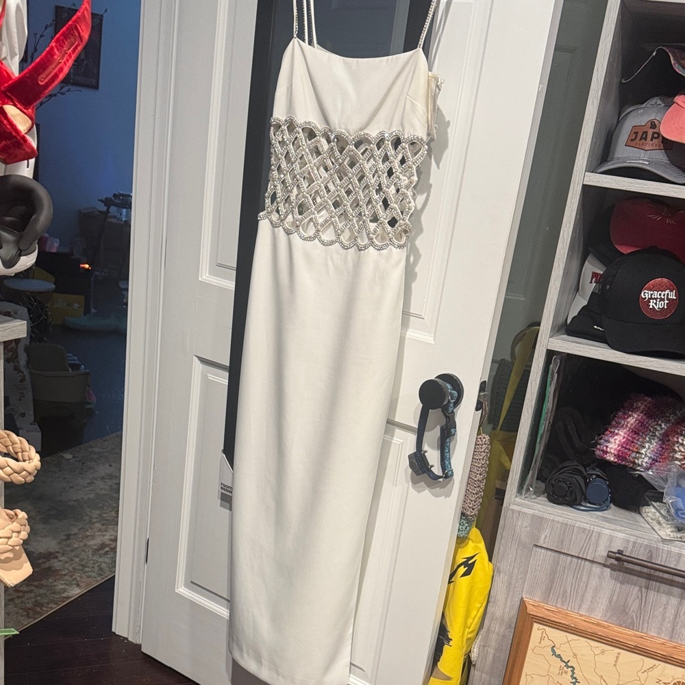 Retrofete floor length dress in white with crystal midriff embellishments.ll